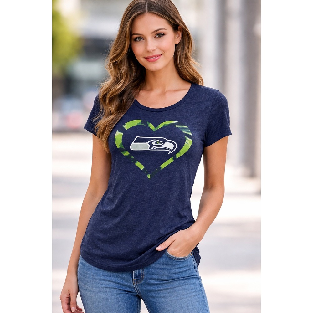 NFL Team Apparel Seattle Seahawks Womens Navy Blue Heart Logo T-Shirt Small 7/8